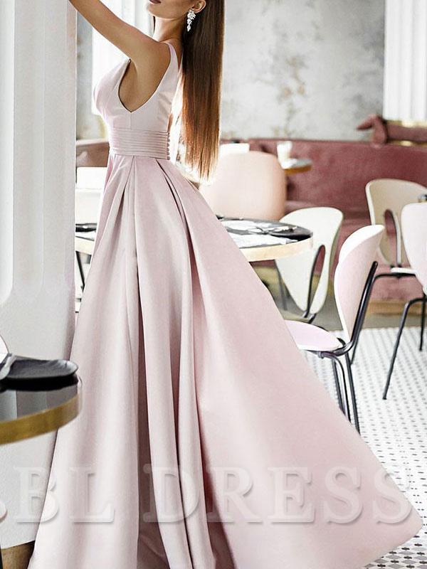 A-Line V-Neck Satin Sleeveless Floor Length Pleated formal dresses Bridesmaid Dresses evening gown Prom Dress