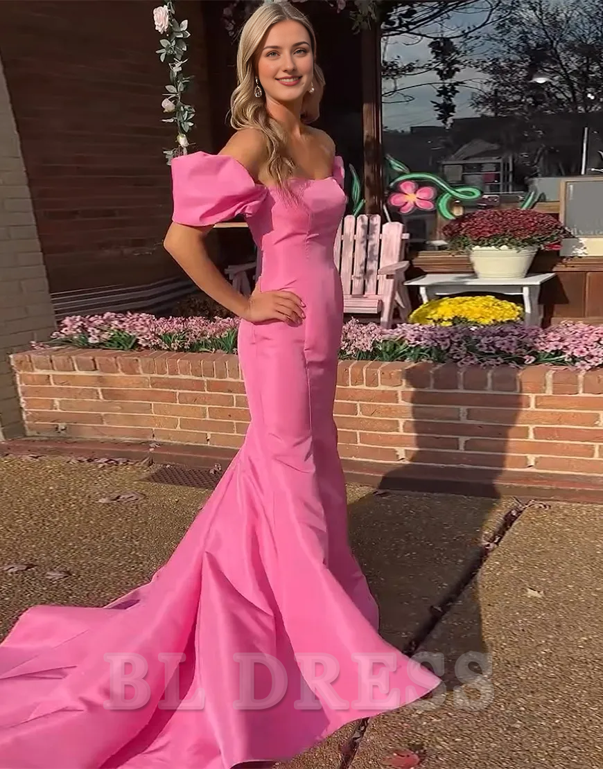 Mermaid Off the Shoulder Pink Long formal dresses evening gown Prom Dress