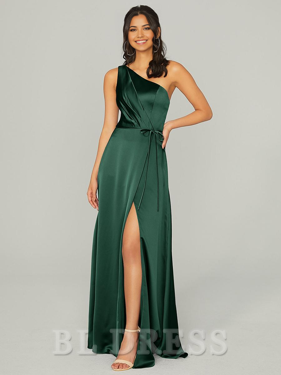 A-Line One Shoulder Floor-Length Satin formal dresses evening gown Prom Dress With Side Slit