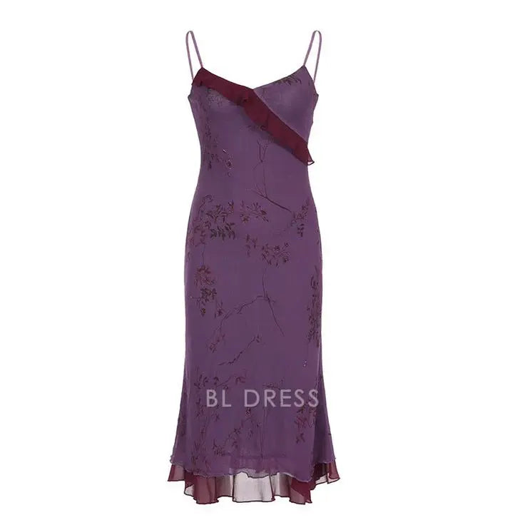 Sheath Vintage Print Ruffles Purple Straps formal dresses Bridesmaid Dresses evening gown Prom Dress