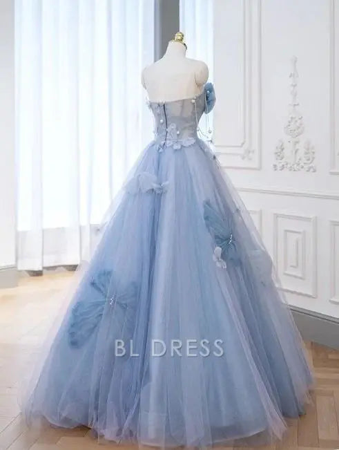 A-Line Strapless Blue Tulle Long formal dresses Bridesmaid Dresses evening gown Prom Dress
