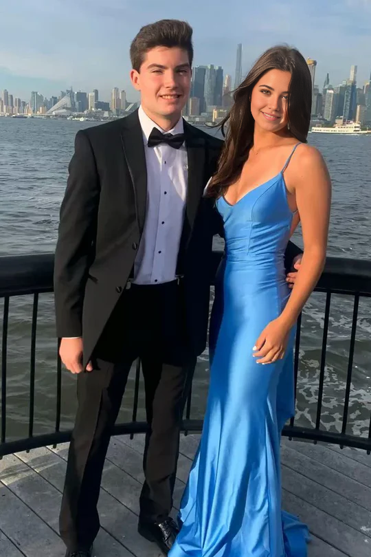 Mermaid V-Neck Spaghetti Straps Sleeveless Satin Blue Long formal dresses evening gown Prom Dress