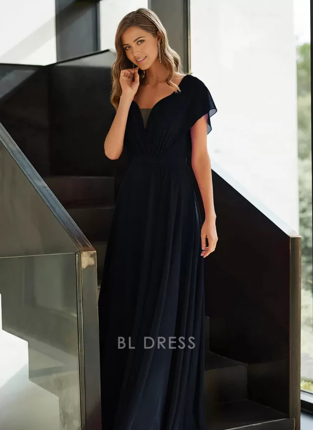 A-Line V-Neck Short Sleeves Chiffon Pleated Guest Dresses Mother of the Bride Dresse
