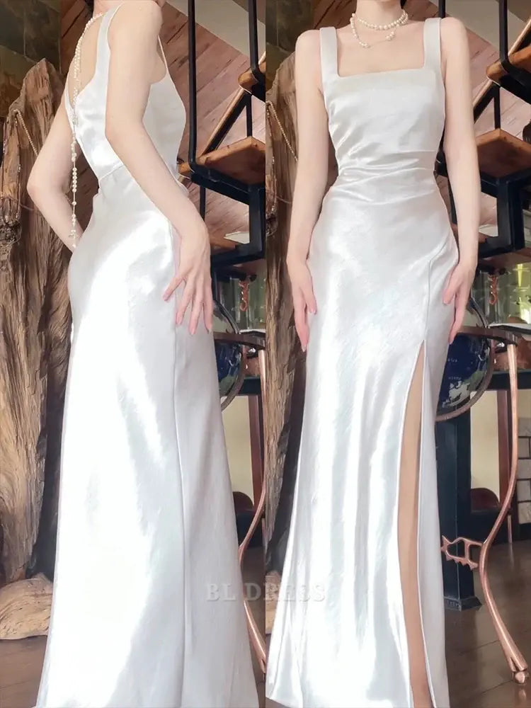 Mermaid Square Neckline White Slit Long formal dresses Bridesmaid Dresses evening gown Prom Dress