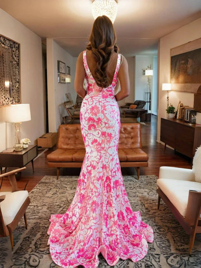Mermaid V-neck spaghetti strap backless stunning ball gown Prom Dresses