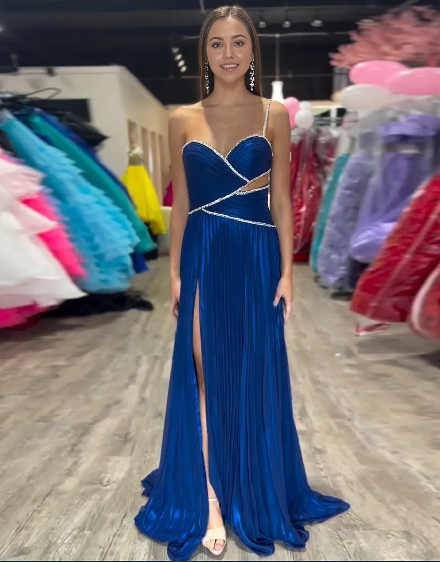 A-Line Spaghetti Strap Beaded Royal Blue Long formal dresses evening gown Prom Dress with Slit