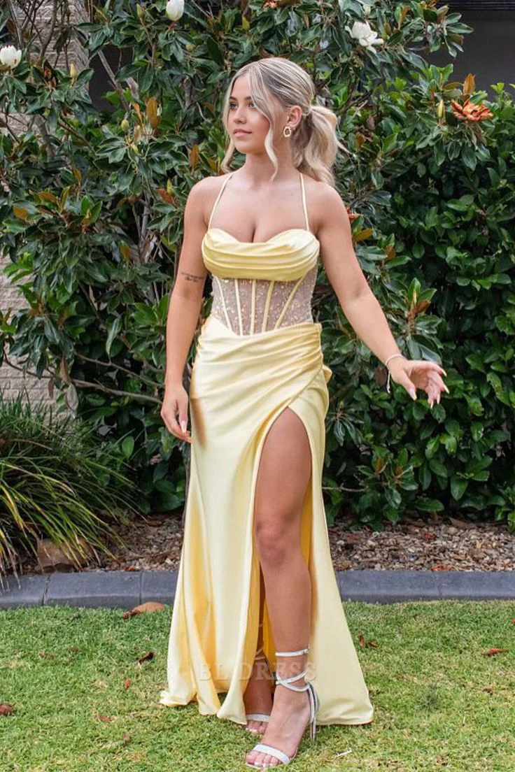 Mermaid Sweetheart Spaghetti Straps Yellow Satin Long formal dresses Bridesmaid Dresses evening gown Prom Dress With Slit