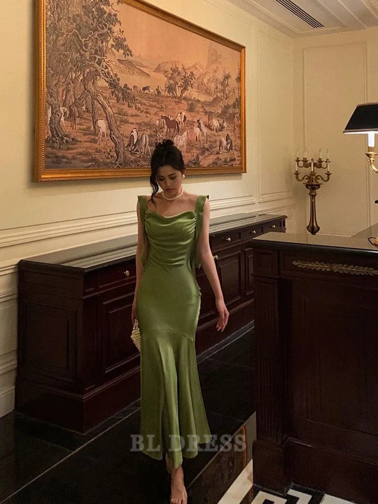 Mermaid Straps Green Satin Midi Length formal dresses Bridesmaid Dresses evening gown Prom Dress