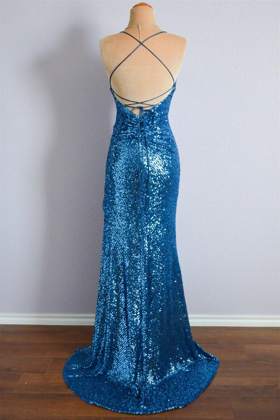 Mermaid Sequins Spaghetti Strap Cross Back Long Prom Dresses Formal Dress