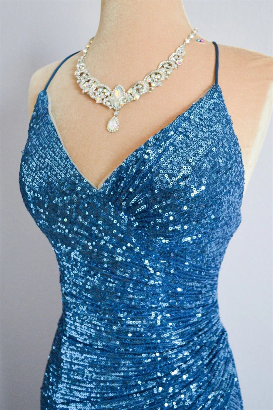 Mermaid Sequins Spaghetti Strap Cross Back Long Prom Dresses Formal Dress