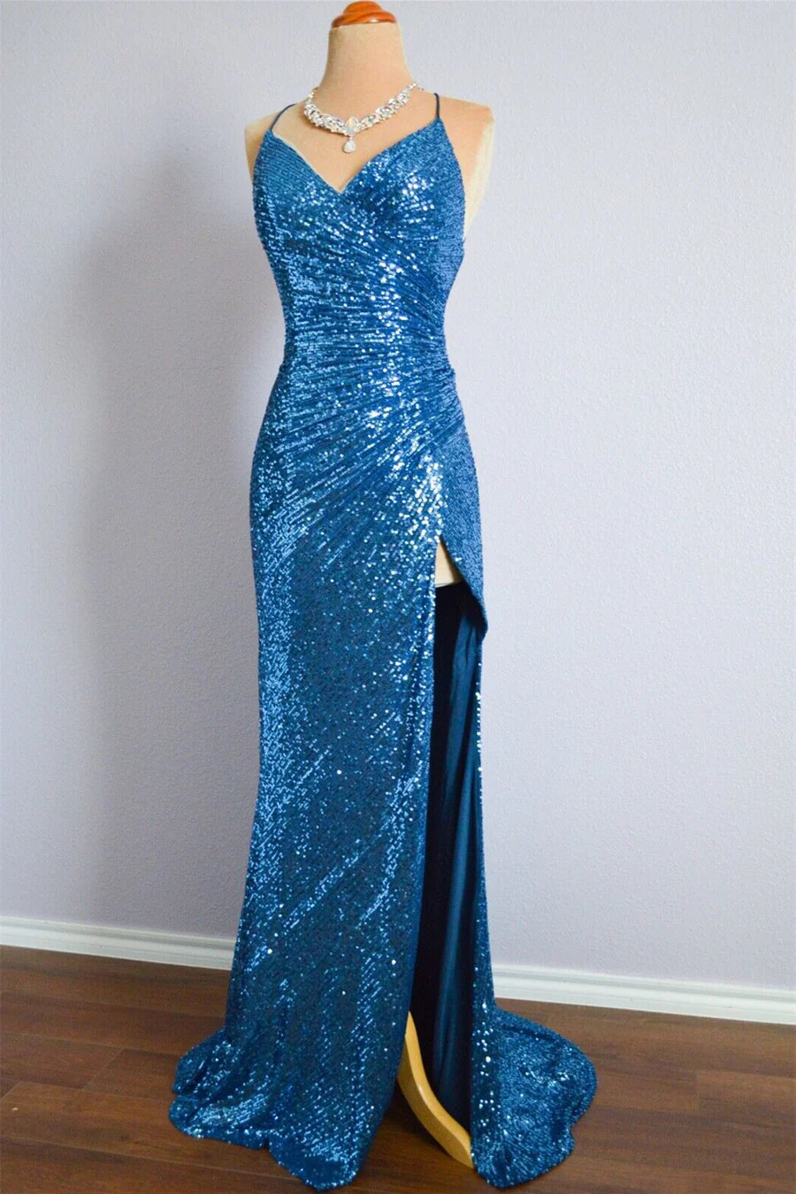 Mermaid Sequins Spaghetti Strap Cross Back Long Prom Dresses Formal Dress