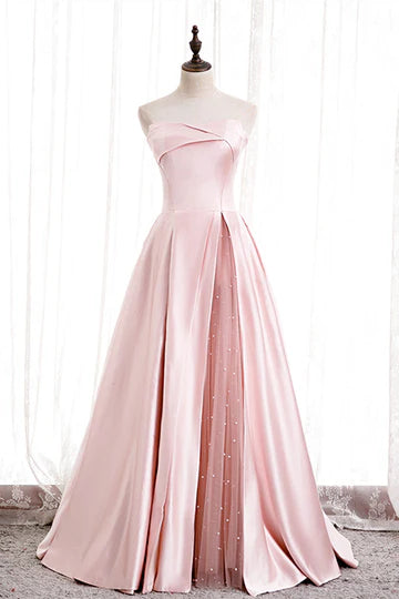 A-line Strapless Satin Lace-Up Pearl Beaded Formal Dress with Slit