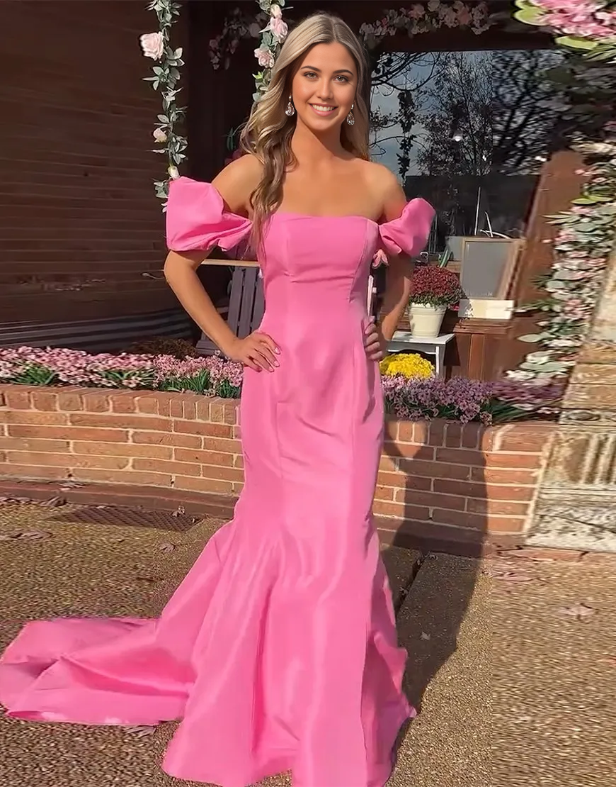 Mermaid Off the Shoulder Pink Long formal dresses evening gown Prom Dress