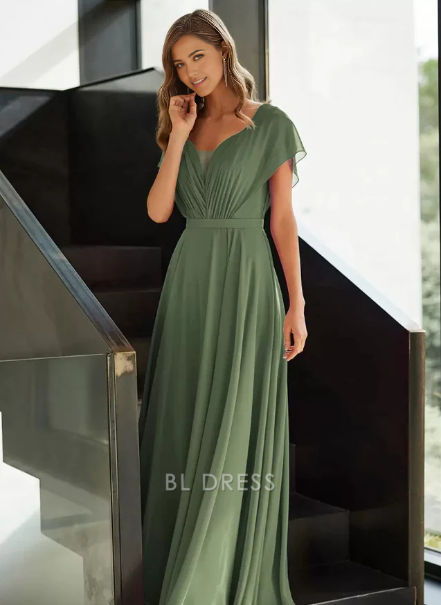 A-Line V-Neck Short Sleeves Chiffon Pleated Guest Dresses Mother of the Bride Dresse
