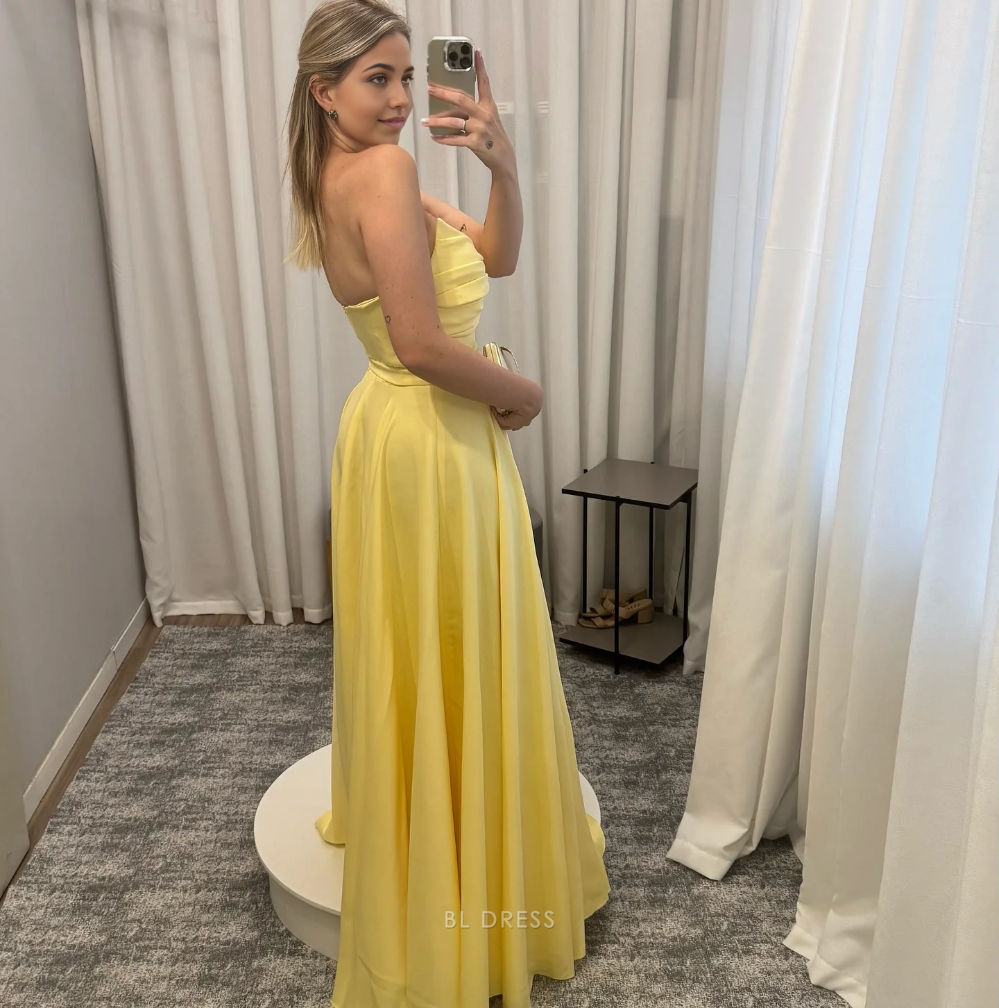 A Line Strapless Satin Yellow formal dresses Bridesmaid Dresses evening gown Prom Dress