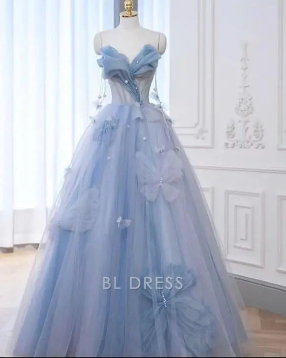 A-Line Strapless Blue Tulle Long formal dresses Bridesmaid Dresses evening gown Prom Dress