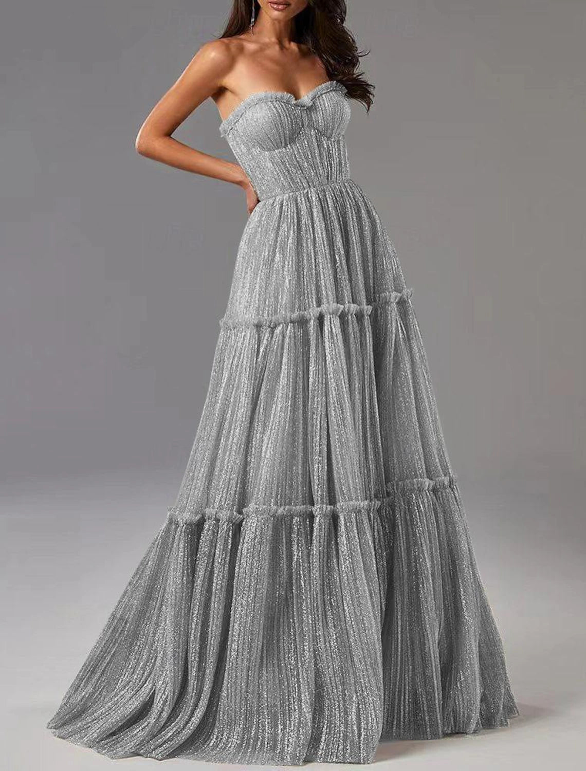 A-Line Evening Gown Glittering Dress Formal Wedding Guest Floor Length Sleeveless Strapless