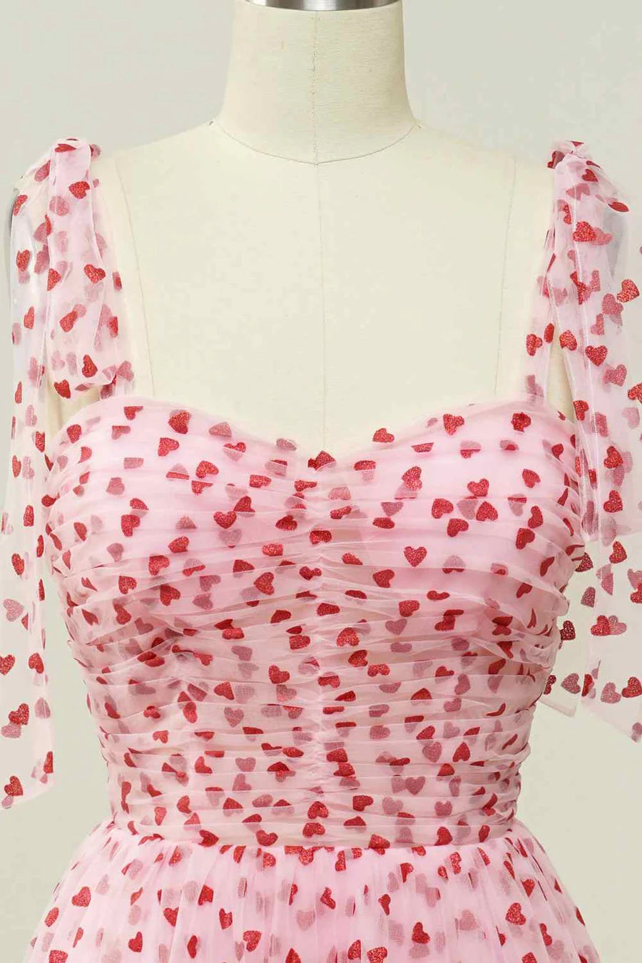 A-line Tied Straps Pleated Tulle Ankle Length Prom Dress