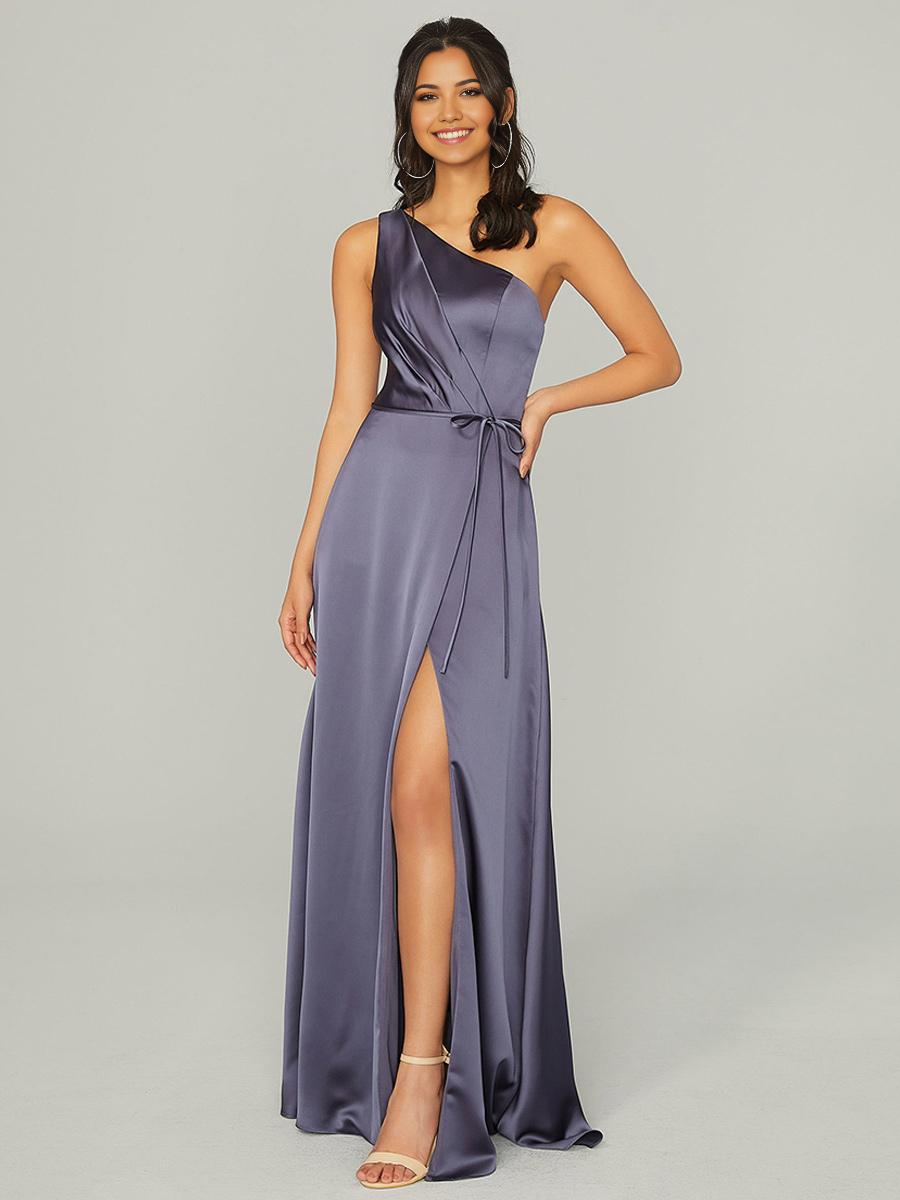 A-Line One Shoulder Floor-Length Satin formal dresses evening gown Prom Dress With Side Slit
