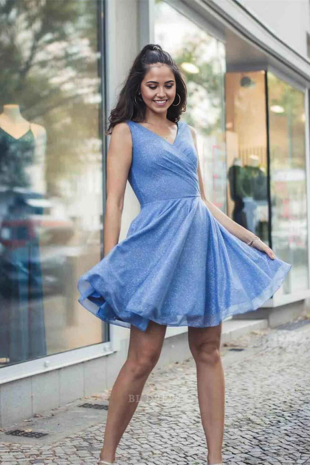 A-Linie V-Ausschnitt Mini-Heimkehrkleid Abendkleider Brautjungfernkleider Abendkleid Ballkleid mit Falte