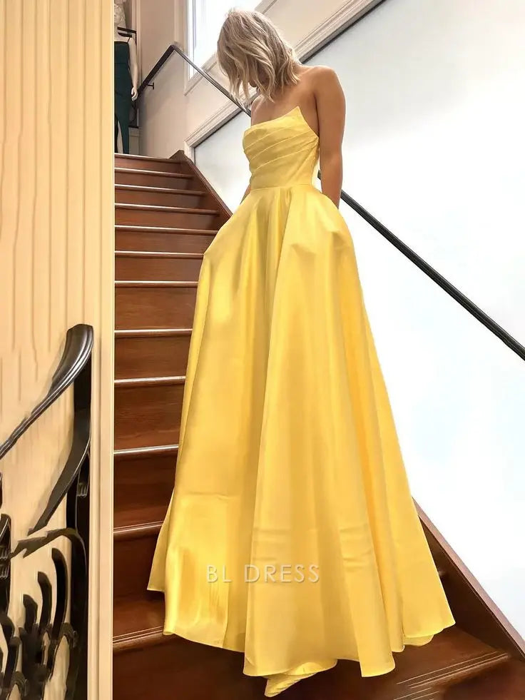 A-line Strapless Satin Pleated Sage Green Long formal dresses Bridesmaid Dresses evening gown Prom Dress