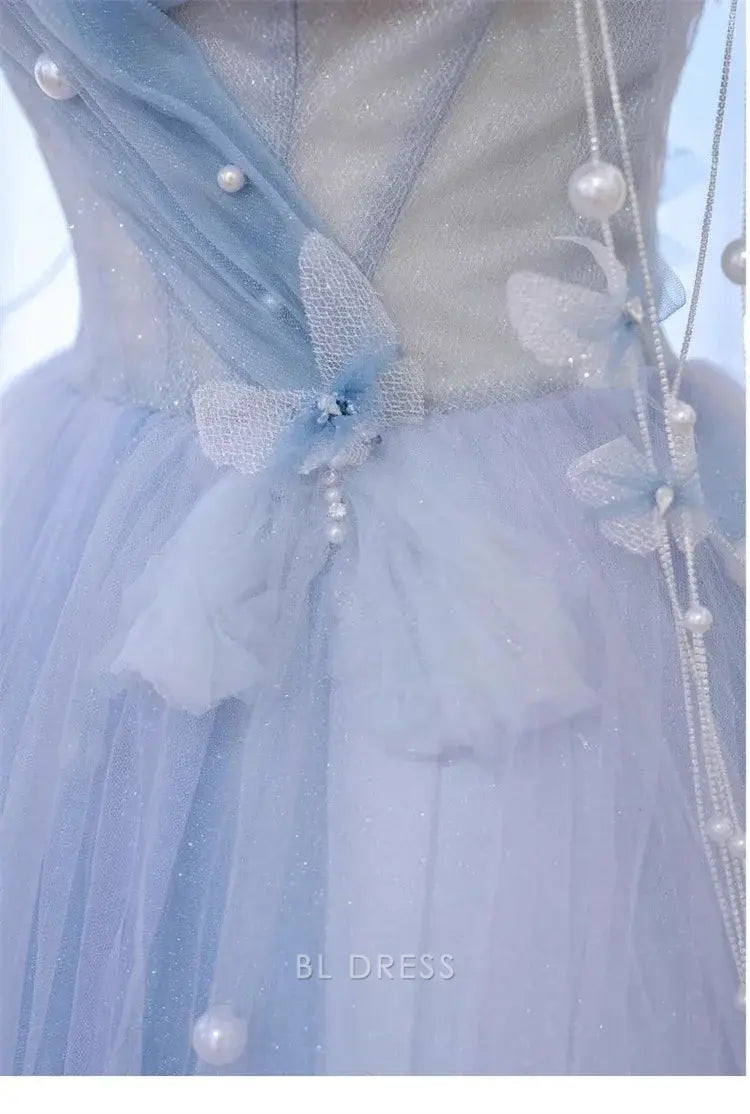 A-Line Strapless Blue Tulle Long formal dresses Bridesmaid Dresses evening gown Prom Dress