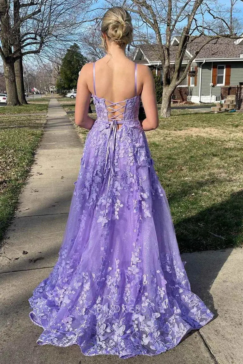 A-Line Spaghetti Straps 3D Lace Pretty Lavender Floral Long formal dresses Bridesmaid Dresses evening gown Prom Dress