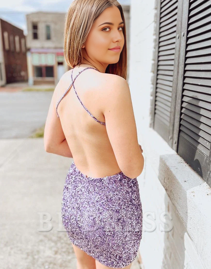 Etuikleid mit kreuz und quer verlaufenden, rückenfreien Pailletten in Lila, Abendkleider, Brautjungfernkleider, Abendkleid, Ballkleid, Heimkehrkleid 