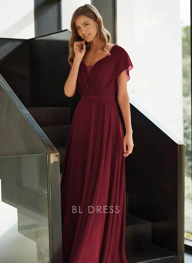 A-Line V-Neck Short Sleeves Chiffon Pleated Guest Dresses Mother of the Bride Dresse