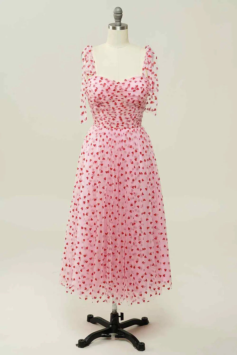 A-line Tied Straps Pleated Tulle Ankle Length Prom Dress