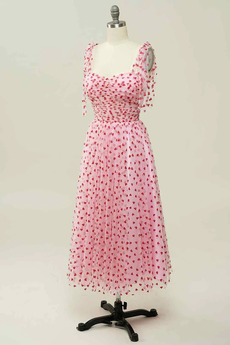 A-line Tied Straps Pleated Tulle Ankle Length Prom Dress