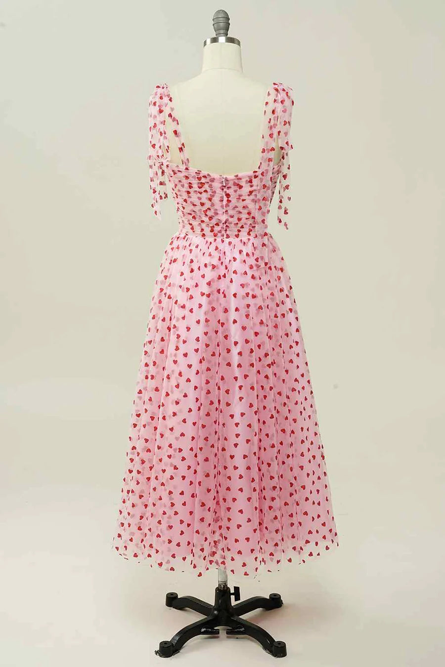 A-line Tied Straps Pleated Tulle Ankle Length Prom Dress