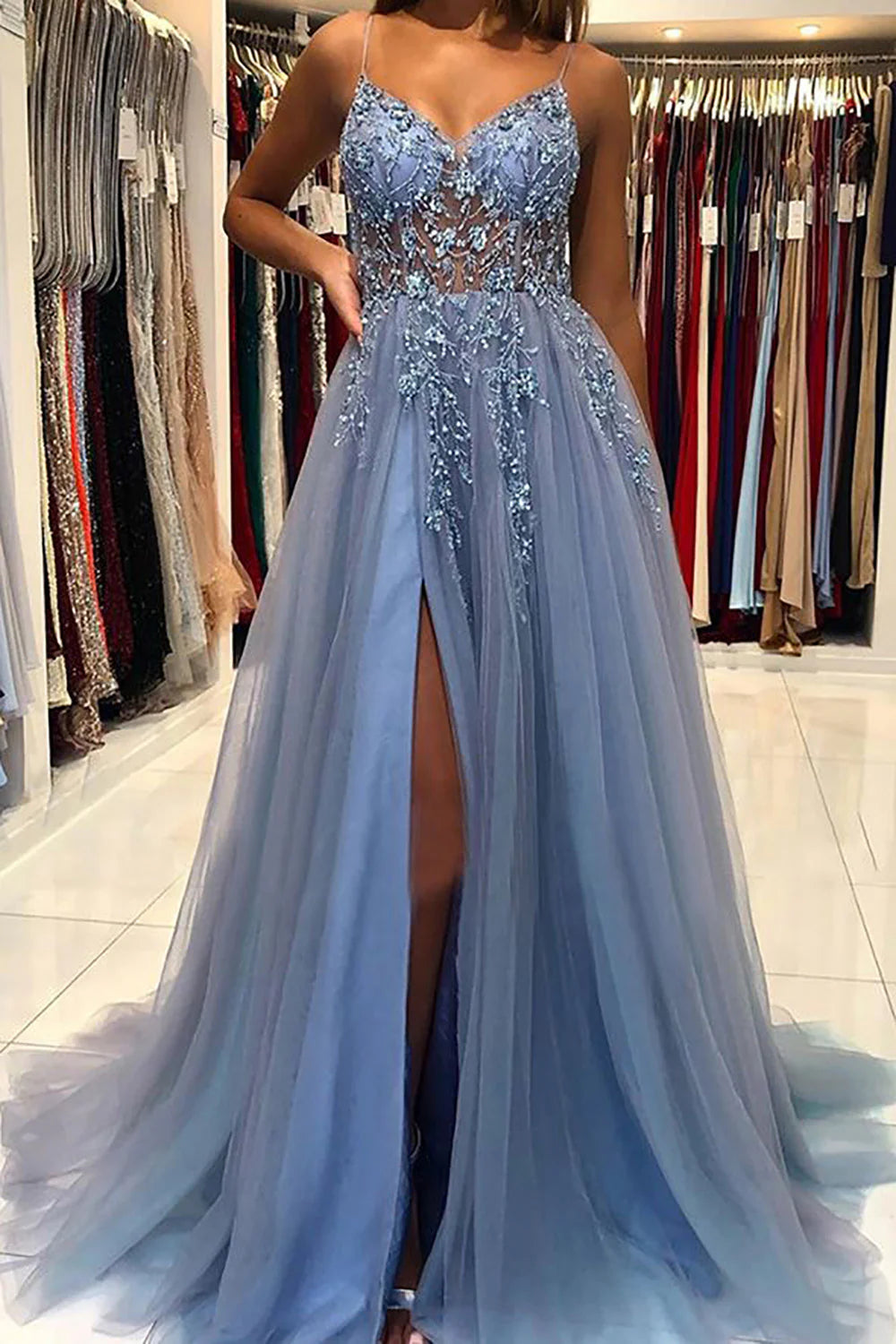 A-Line Spaghetti Appliques Straps Prom Dress