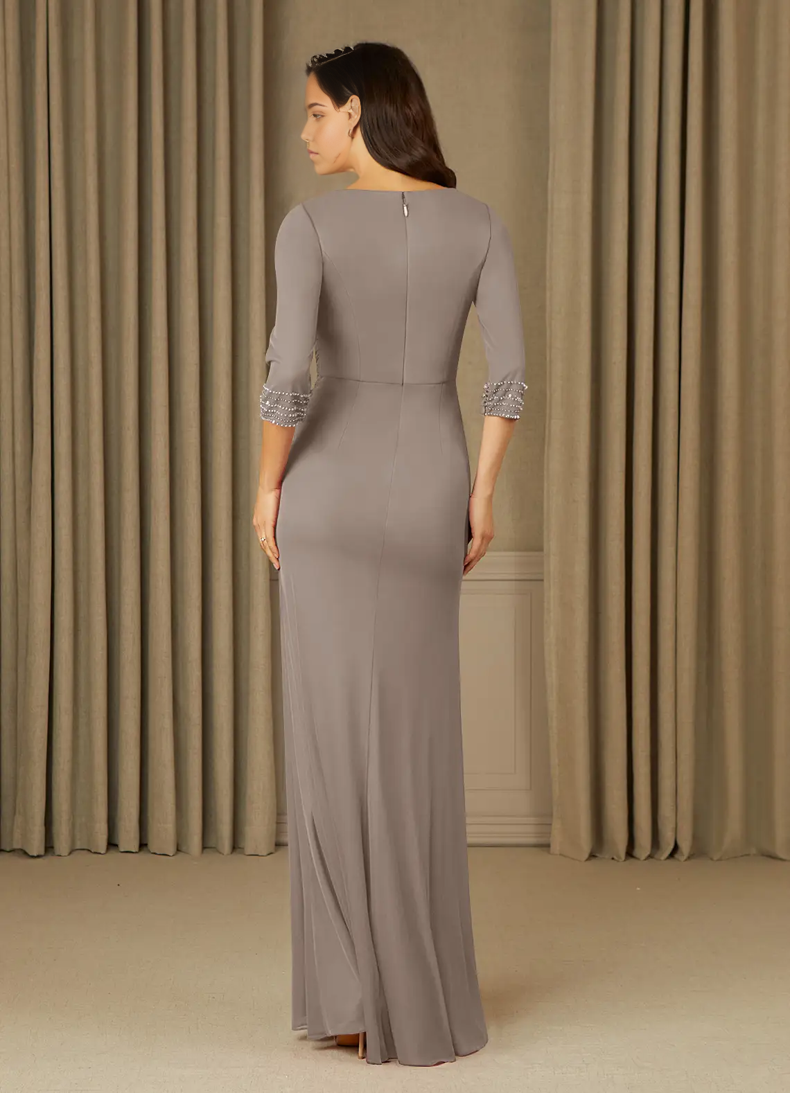 Sheath V-Neck Pleated Taupe formal dresses evening dress Mother of the Bride Dresses