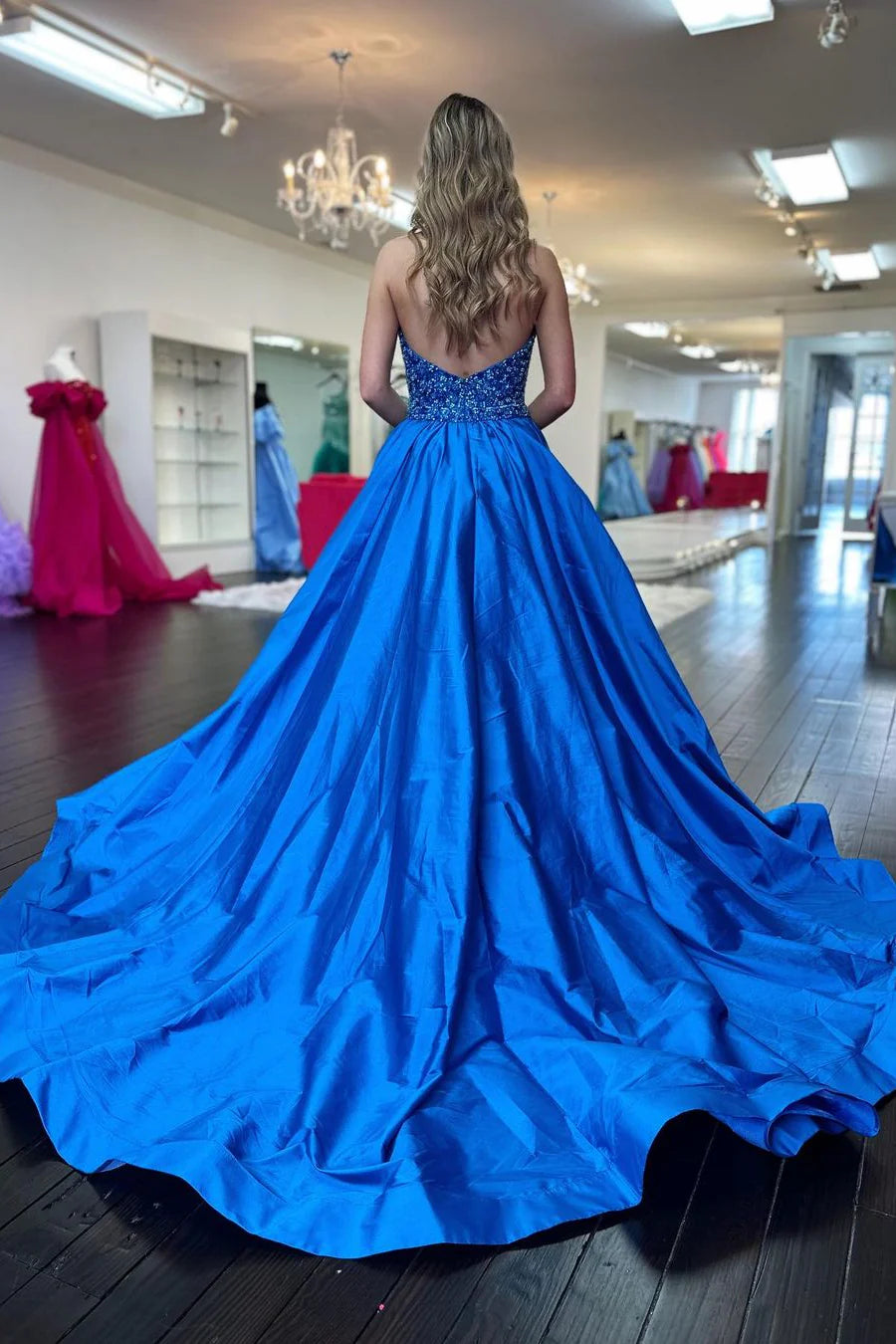 A-Line Deep V-Neck Goegeous Blue Long Satin evening gown Prom Dress with Sequin