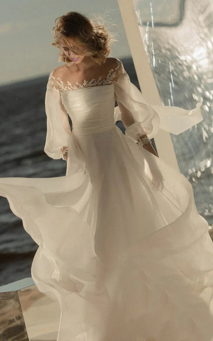A-Line Simple Beach Lace Organza Floor Zipper Low-V Back Wedding Dress with Sheer Sleeve