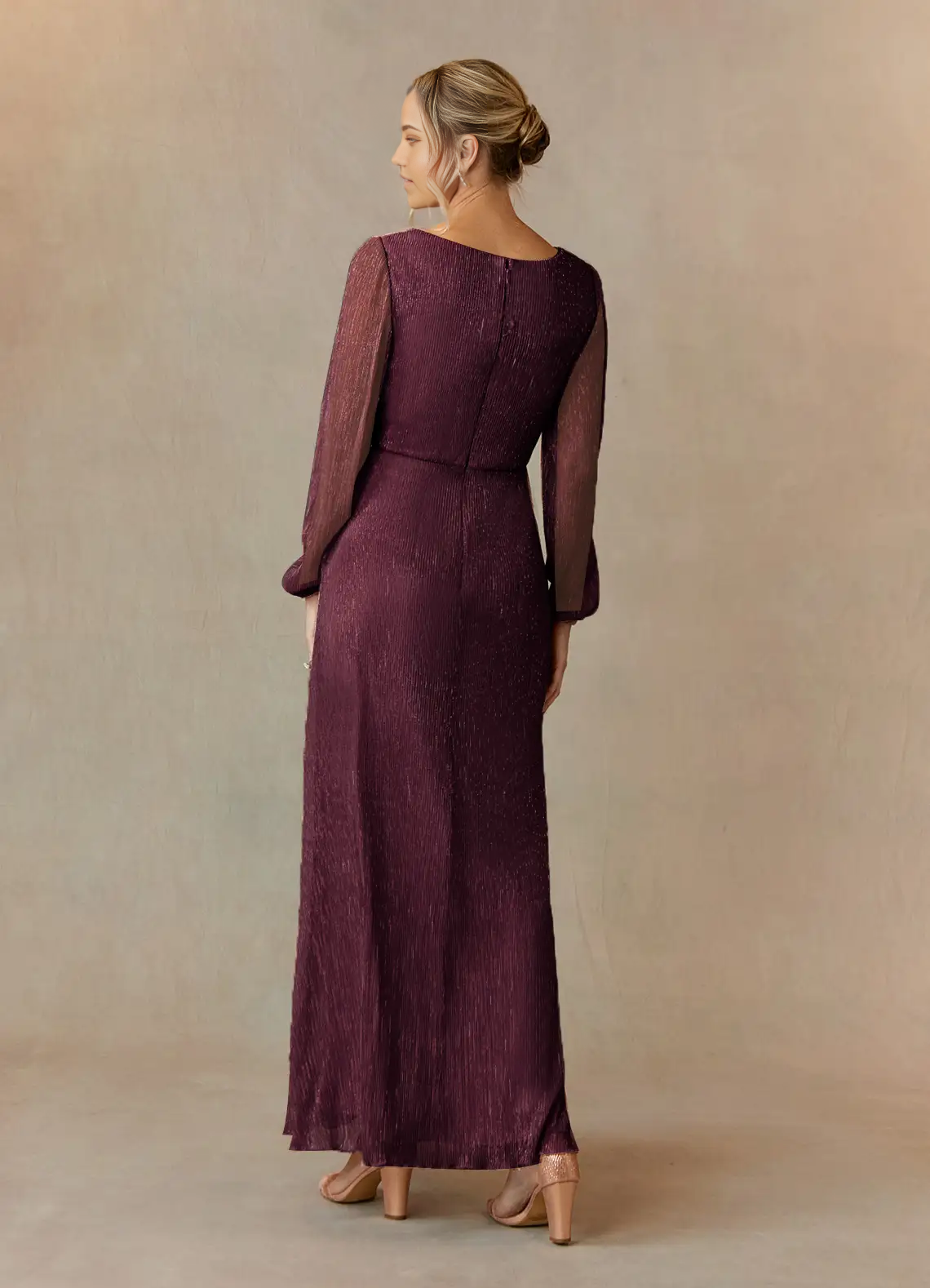 A-Line V-Neck Long Sleeve Pleated Mulberry Mother of the Bride Dresses