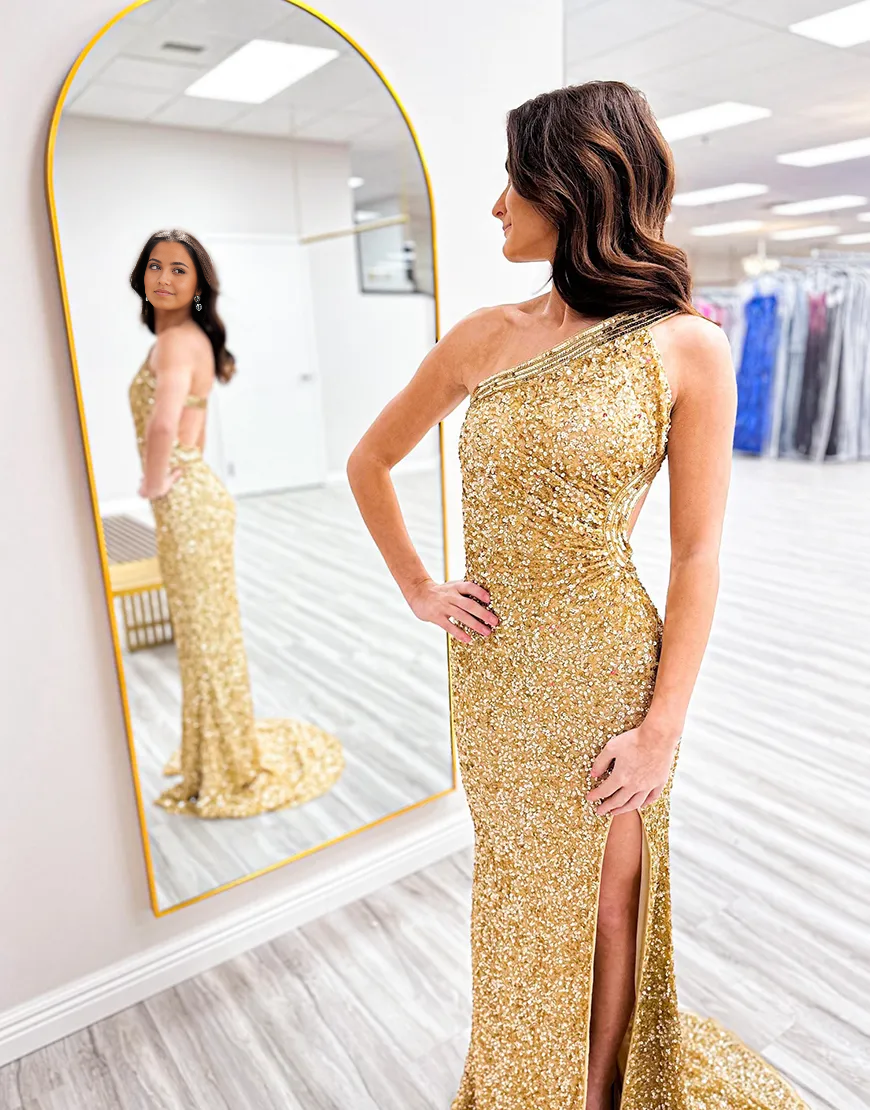 Mermaid One Shoulder Sparkly Gold Sequins Long formal dresses evening dress Prom Dress with Slit