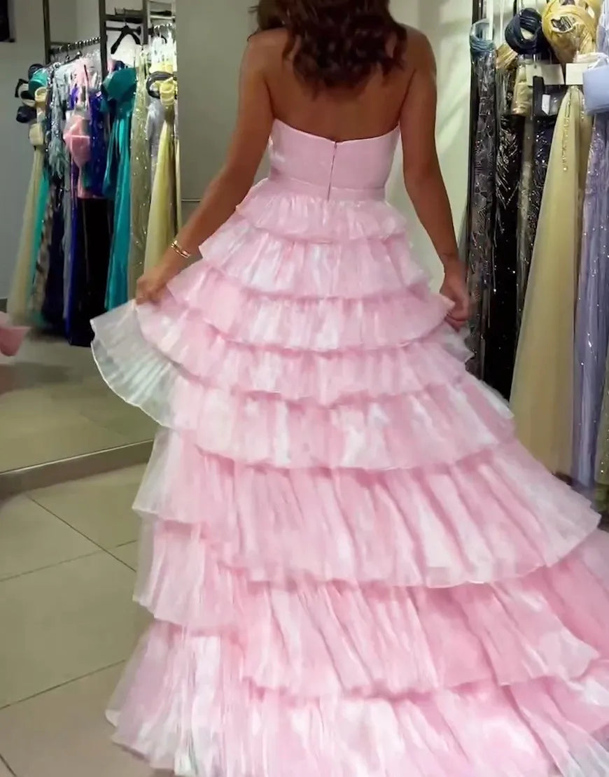 A-Line V-Neck Ruffles Tulle Pink formal dresses evening dress Prom Dress