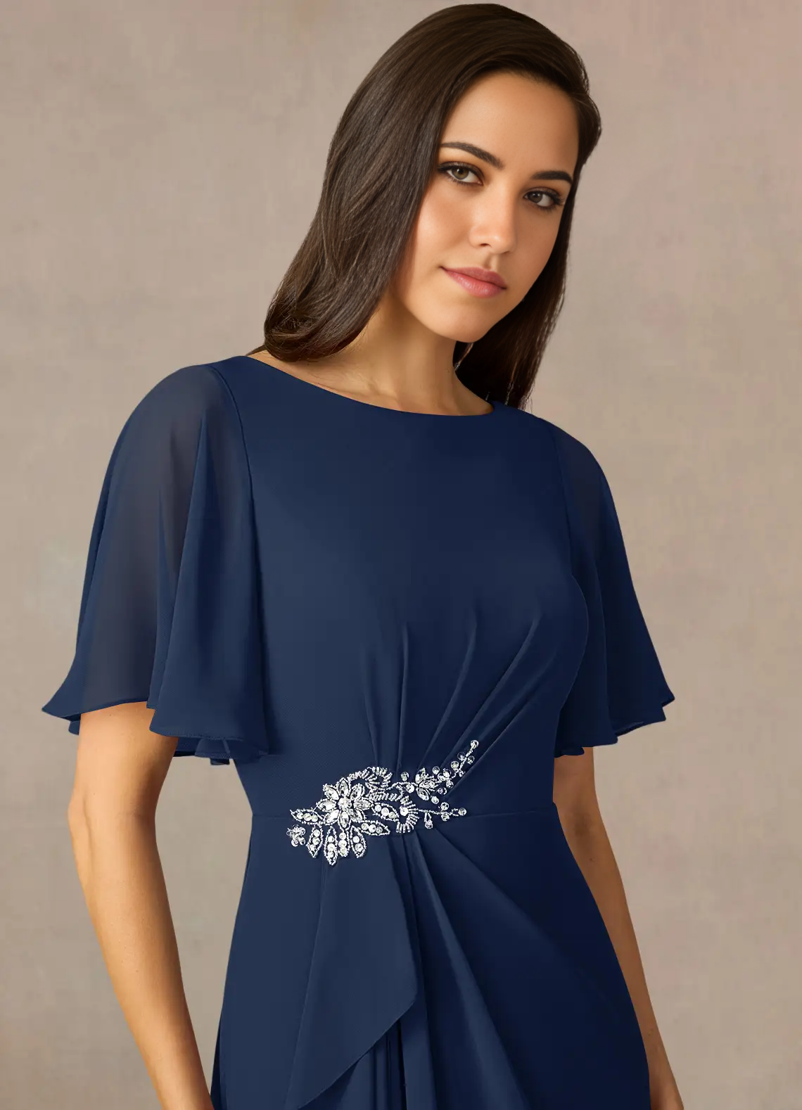 Sheath Crew Neck Beaded Chiffon Dark Navy formal dresses evening dress Mother of the Bride Dresses