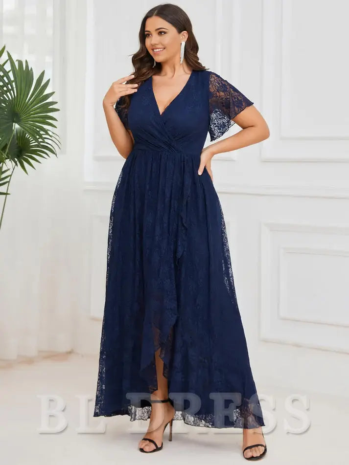 Plus Size A-line V Neck Ruffles Sleeves Pleated Loose Lace High Low formal dresses Bridesmaid Dresses evening gown Prom Dress