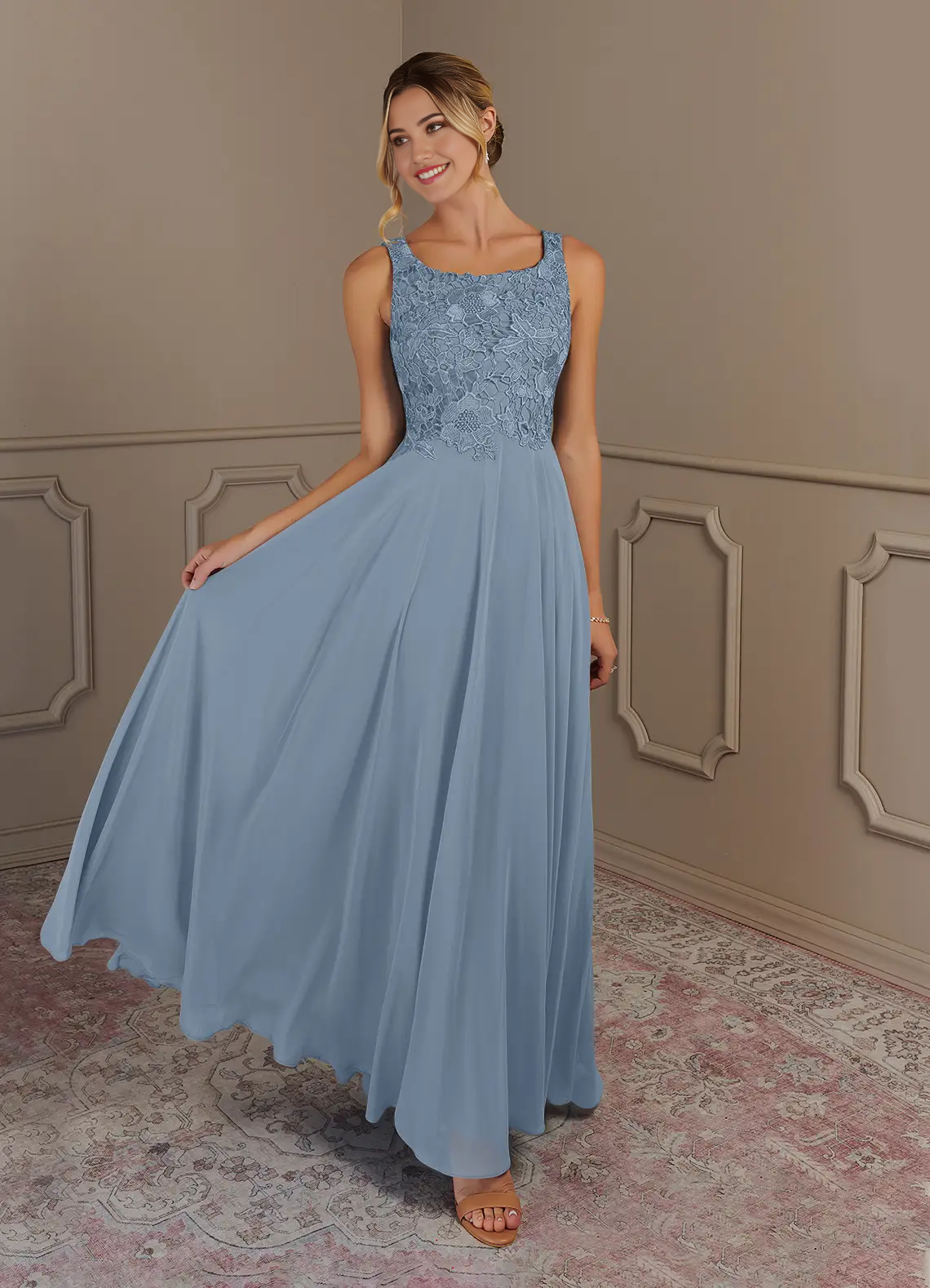 Two Piece A-Line Scoop lace Chiffon Dusty Blue formal dresses evening dress Mother of the Bride Dresses