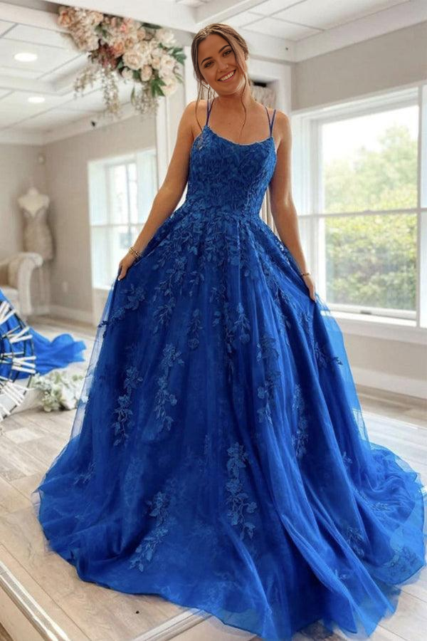 A-line Round Neck Lace Blue Prom Dress Lace Up Evening Dress