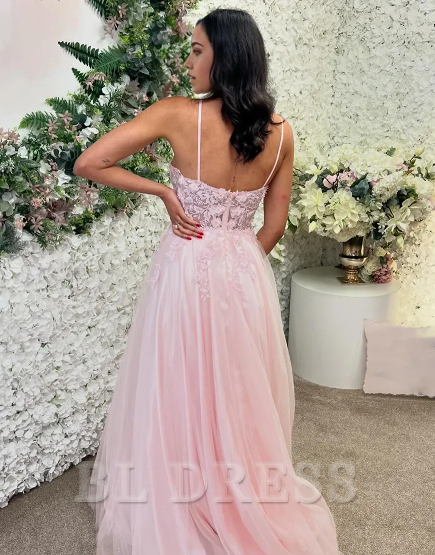 A-Line Halter Laced Top Tulle Pink Long formal dresses Bridesmaid Dresses evening gown Prom Dress