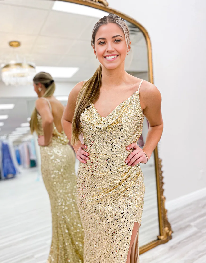 Mermaid Sparkly Spaghetti Straps Sequins Gold Long formal dresses evening gown Prom Dress with Slit
