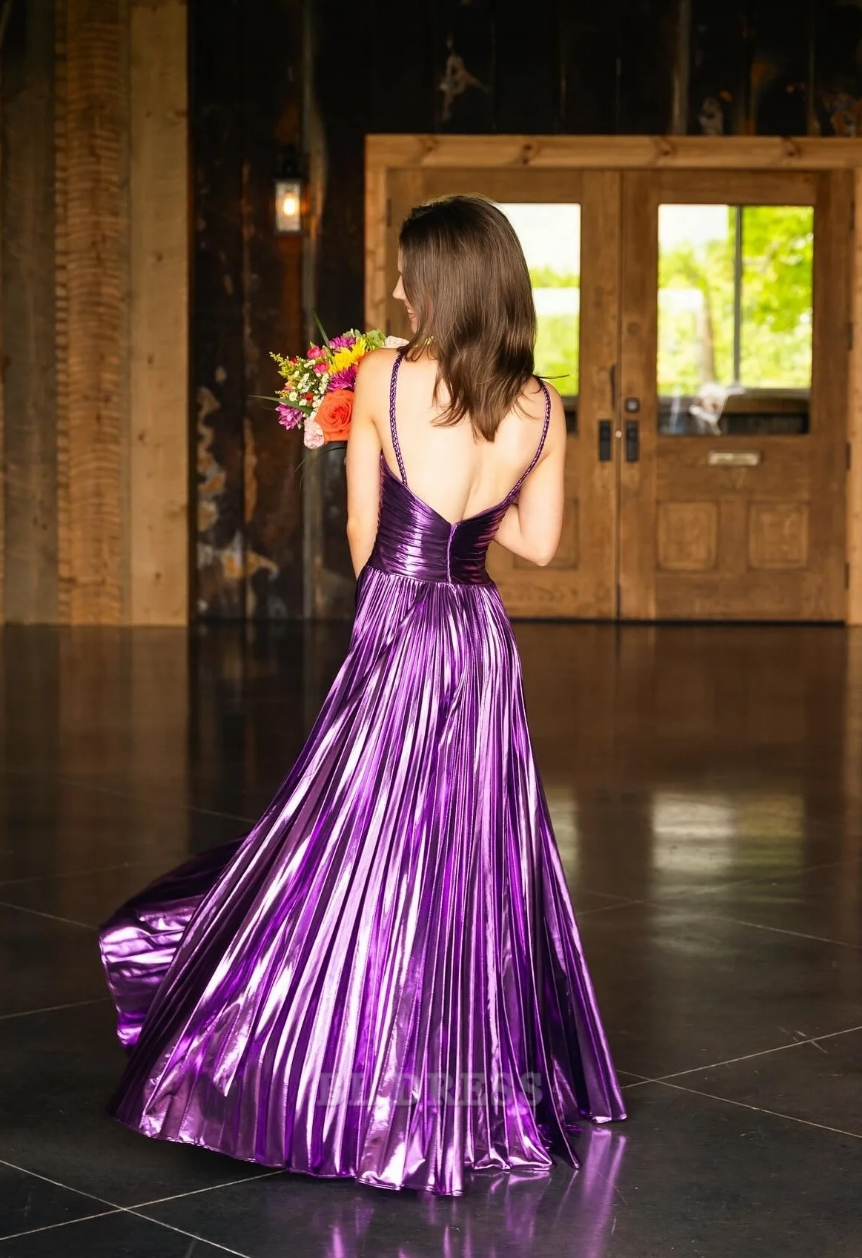 A-Line Halter Neck Sparkly Purple Long formal dresses Bridesmaid Dresses evening gown Prom Dress With Split