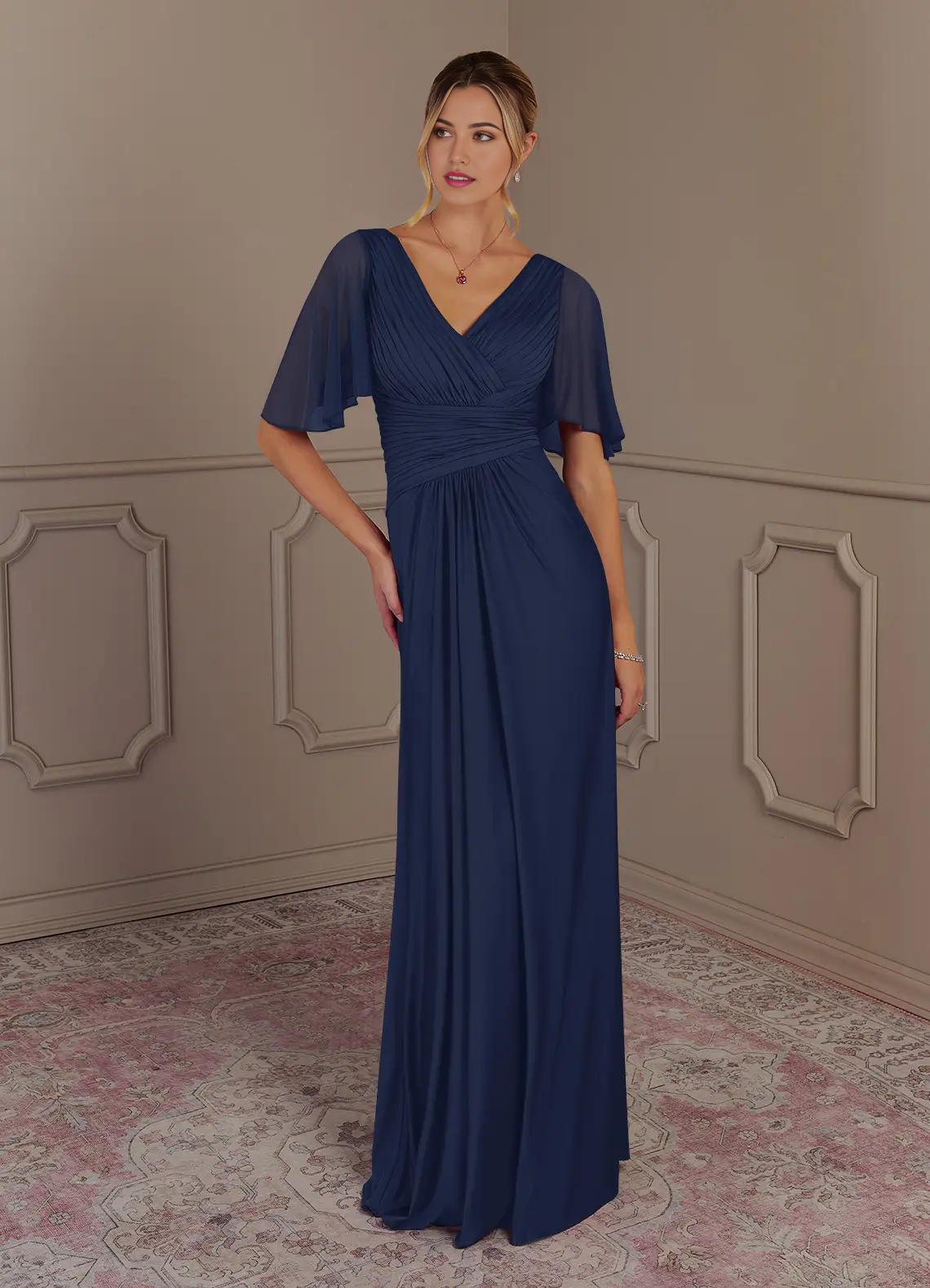 A-Line V-Neck Pleated Dark Navy formal dresses evening dress Mother of the Bride Dresses