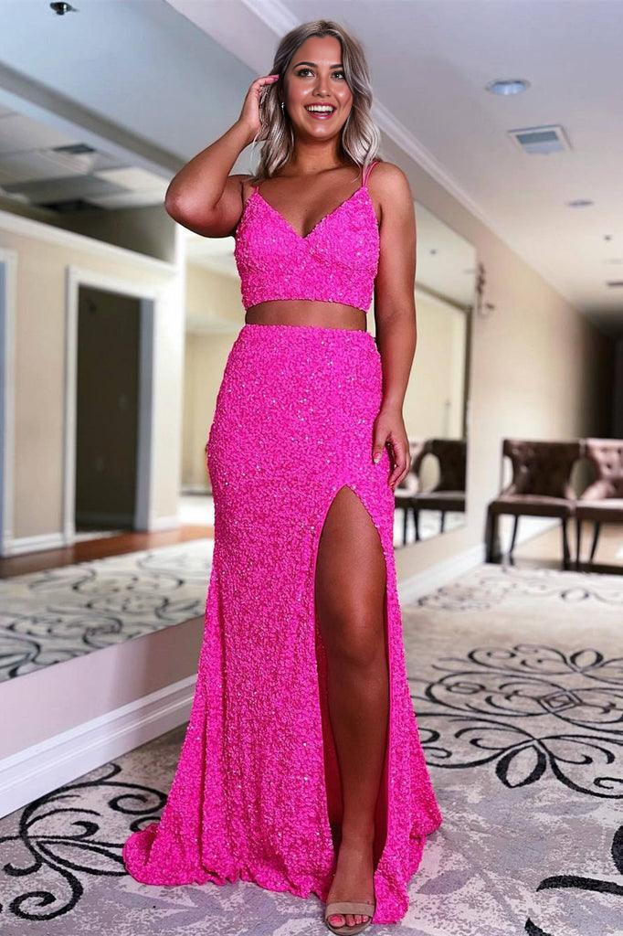 Mermaid Two Piece Orange Sequins Long Prom Formal Dress