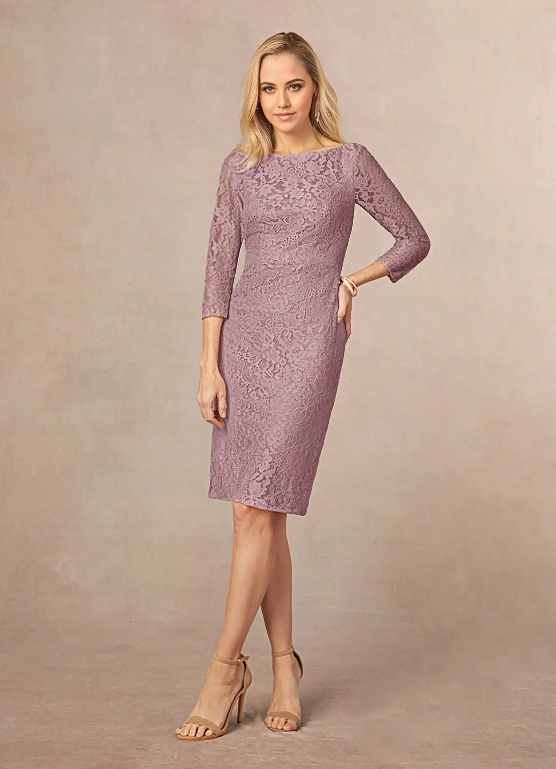 Sheath Lace Tea Length Dusty Rose formal dresses evening dress Mother of the Bride Dresses