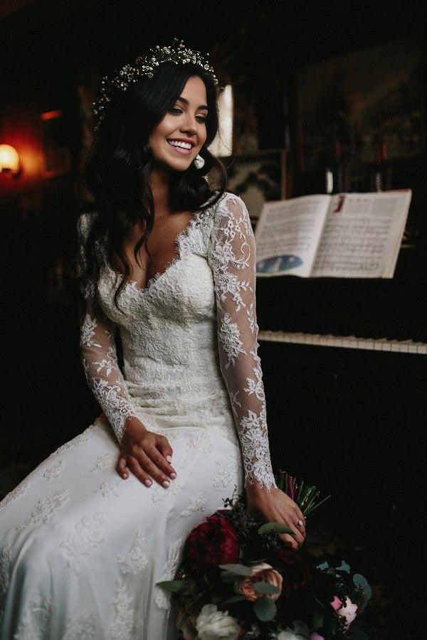 Mermaid V Neck Long Sleeve Lace Bridal Gown Wedding Dress